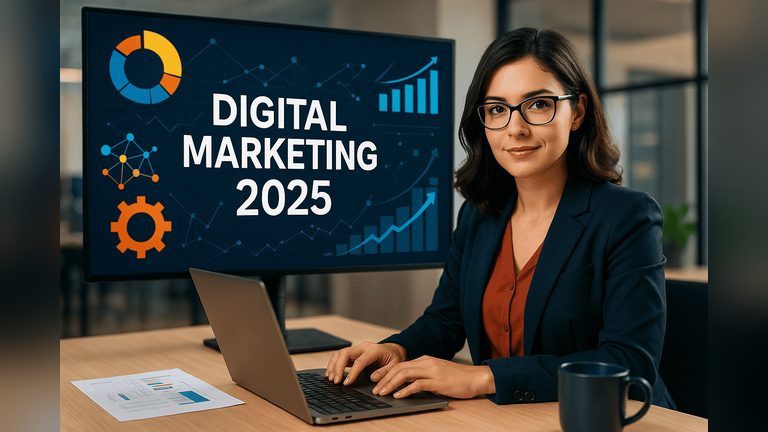 Digital Marketing 2025 showing AI, automation, social media strategies, and emerging online marketing trends for businesses.