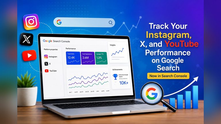 Google Search Console tracking Instagram, X, and YouTube performance with social media SEO analytics dashboard.