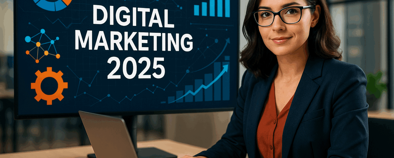 Digital Marketing 2025 showing AI, automation, social media strategies, and emerging online marketing trends for businesses.
