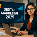 Digital Marketing 2025 showing AI, automation, social media strategies, and emerging online marketing trends for businesses.