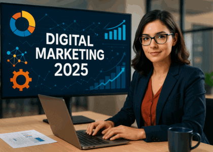 Digital Marketing 2025 showing AI, automation, social media strategies, and emerging online marketing trends for businesses.
