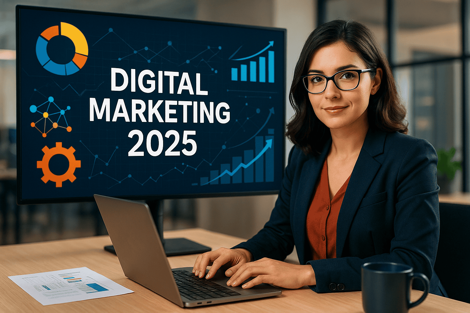 Digital Marketing 2025 showing AI, automation, social media strategies, and emerging online marketing trends for businesses.