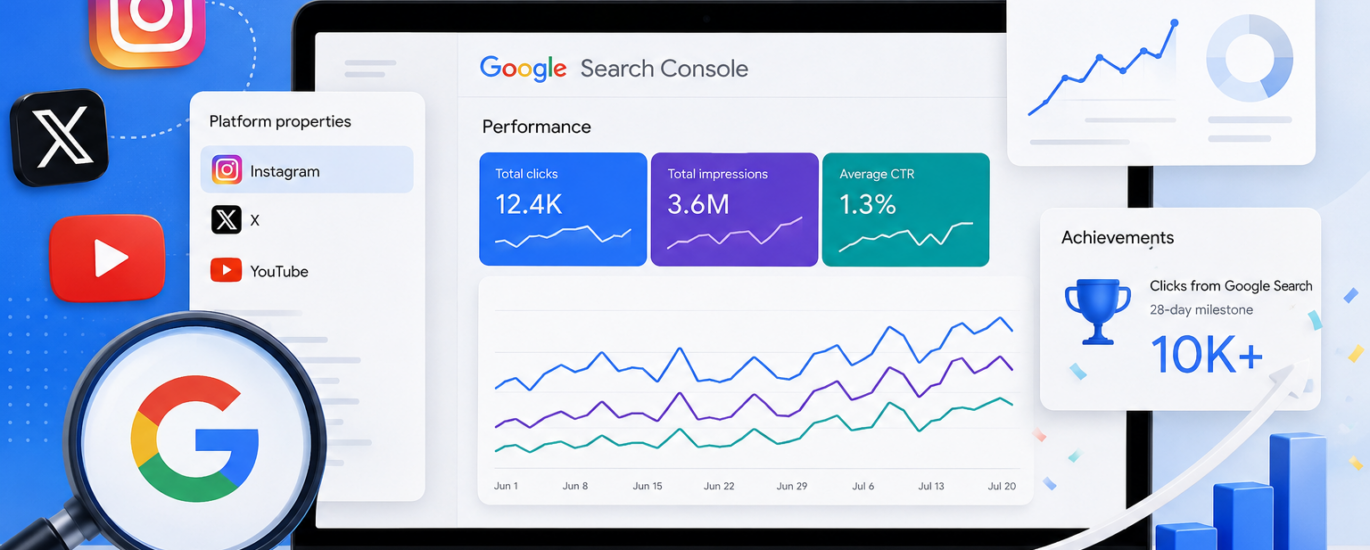 Google Search Console tracking Instagram, X, and YouTube performance with social media SEO analytics dashboard.