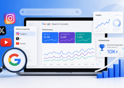 Google Search Console tracking Instagram, X, and YouTube performance with social media SEO analytics dashboard.