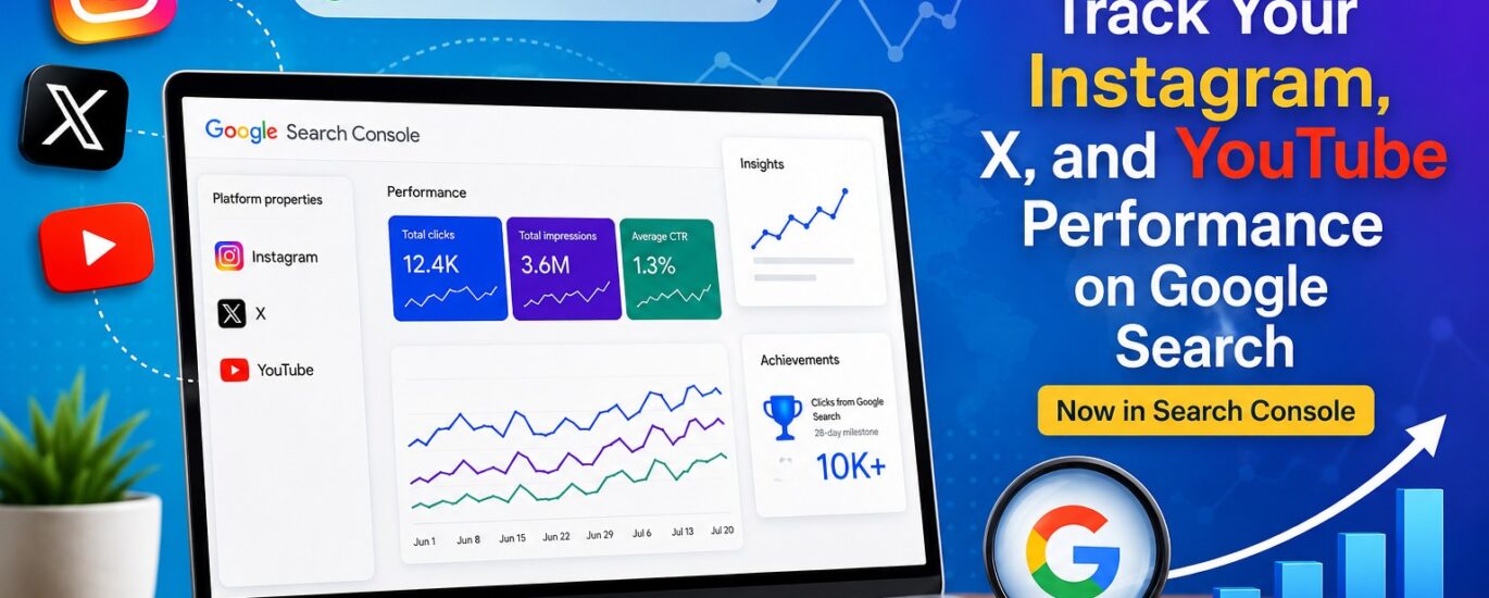 Google Search Console tracking Instagram, X, and YouTube performance with social media SEO analytics dashboard.