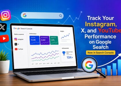 Google Search Console tracking Instagram, X, and YouTube performance with social media SEO analytics dashboard.
